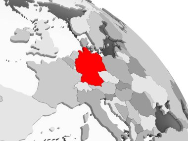 Kırmızı şeffaf okyanuslar ile gri siyasi dünya üzerinde 3D render Almanya'nın. 3D çizim.