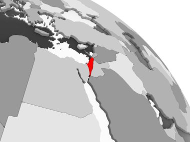 Kırmızı şeffaf okyanuslar ile gri siyasi dünya üzerinde 3D render İsrail. 3D çizim.