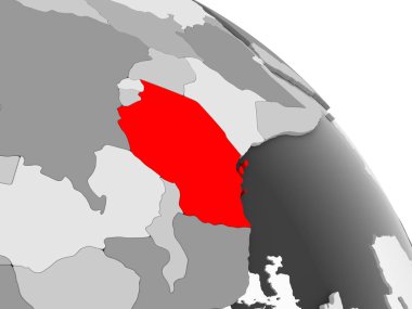 Kırmızı şeffaf okyanuslar ile gri siyasi dünya üzerinde 3D render Tanzanya'nın. 3D çizim.