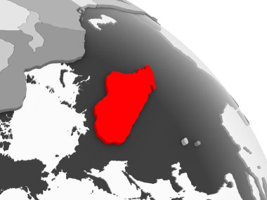 Madagaskar 3D render kırmızı şeffaf okyanuslar ile gri siyasi dünya üzerinde. 3D çizim.