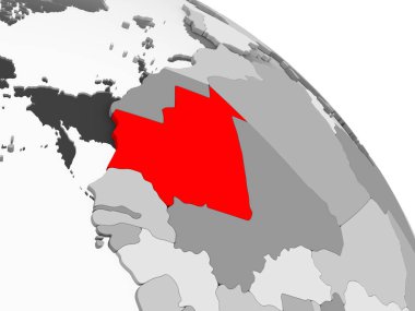 Moritanya 3D render kırmızı şeffaf okyanuslar ile gri siyasi dünya üzerinde. 3D çizim.