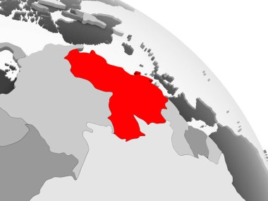 Kırmızı şeffaf okyanuslar ile gri siyasi dünya üzerinde 3D render Venezuela. 3D çizim.