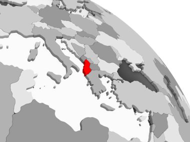 Kırmızı şeffaf okyanuslar ile gri siyasi dünya üzerinde 3D render Arnavutluk. 3D çizim.