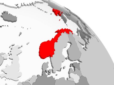 Kırmızı şeffaf okyanuslar ile gri siyasi dünya üzerinde 3D render Norveç'in. 3D çizim.