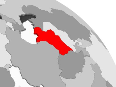 Türkmenistan 3D render kırmızı şeffaf okyanuslar ile gri siyasi dünya üzerinde. 3D çizim.