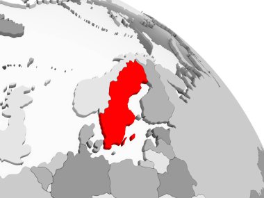 Kırmızı şeffaf okyanuslar ile gri siyasi dünya üzerinde 3D render, İsveç. 3D çizim.