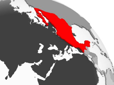 Kırmızı şeffaf okyanuslar ile gri siyasi dünya üzerinde 3D render Meksika. 3D çizim.