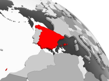 Kırmızı şeffaf okyanuslar ile gri siyasi dünya üzerinde 3D render, İspanya. 3D çizim.