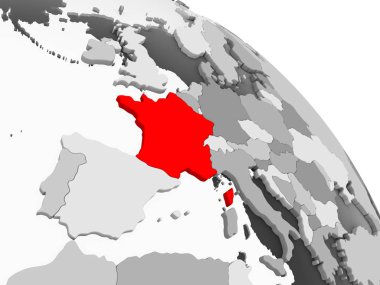 Kırmızı şeffaf okyanuslar ile gri siyasi dünya üzerinde 3D render Fransa. 3D çizim.