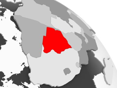 Kırmızı şeffaf okyanuslar ile gri siyasi dünya üzerinde 3D render Botsvana. 3D çizim.