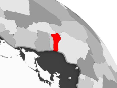 Benin 3D render kırmızı şeffaf okyanuslar ile gri siyasi dünya üzerinde. 3D çizim.