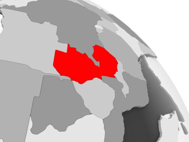 Kırmızı şeffaf okyanuslar ile gri siyasi dünya üzerinde 3D render Zambiya. 3D çizim.