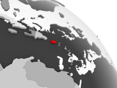 Kırmızı şeffaf okyanuslar ile gri siyasi dünya üzerinde 3D render Puerto Rico. 3D çizim.