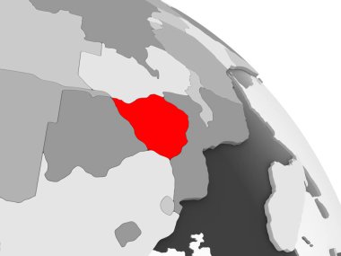 Kırmızı şeffaf okyanuslar ile gri siyasi dünya üzerinde 3D render Zimbabve. 3D çizim.