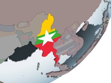 Myanmar katıştırılmış bayrak ile siyasi dünya üzerinde. 3D çizim.