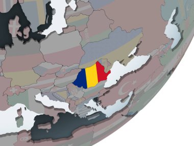Romanya katıştırılmış bayrak ile siyasi dünya üzerinde. 3D çizim.