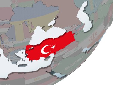 Türkiye katıştırılmış bayrak ile siyasi dünya üzerinde. 3D çizim.