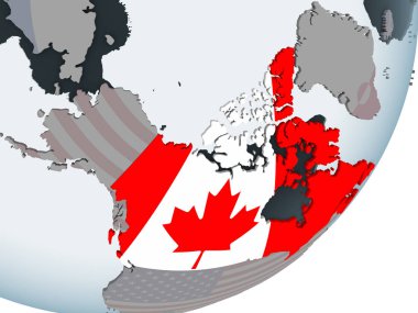 Kanada katıştırılmış bayrak ile siyasi dünya üzerinde. 3D çizim.