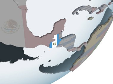 Guatemala katıştırılmış bayrak ile siyasi dünya üzerinde. 3D çizim.