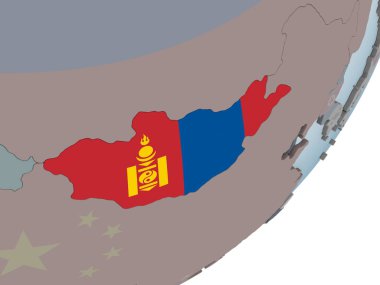 Moğolistan katıştırılmış bayrak ile siyasi dünya üzerinde. 3D çizim.