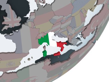 İtalya katıştırılmış bayrak ile siyasi dünya üzerinde. 3D çizim.