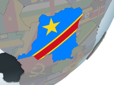 Demokratik Kongo Cumhuriyeti katıştırılmış bayrak ile siyasi dünya üzerinde. 3D çizim.