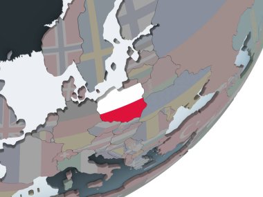 Polonya katıştırılmış bayrak ile siyasi dünya üzerinde. 3D çizim.