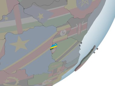 Ruanda katıştırılmış bayrak ile siyasi dünya üzerinde. 3D çizim.