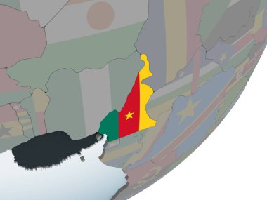 Kamerun katıştırılmış bayrak ile siyasi dünya üzerinde. 3D çizim.