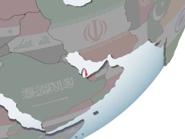 Katar katıştırılmış bayrak ile siyasi dünya üzerinde. 3D çizim.