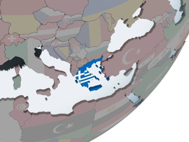 Yunanistan katıştırılmış bayrak ile siyasi dünya üzerinde. 3D çizim.