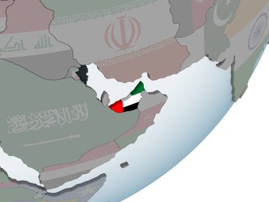 Birleşik Arap Emirlikleri katıştırılmış bayrak ile siyasi dünya üzerinde. 3D çizim.