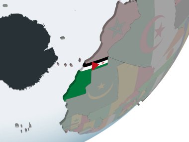 Batı Sahra katıştırılmış bayrak ile siyasi dünya üzerinde. 3D çizim.
