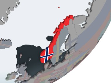 Norveç katıştırılmış bayrak ile siyasi dünya üzerinde. 3D çizim.