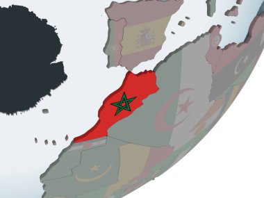 Fas katıştırılmış bayrak ile siyasi dünya üzerinde. 3D çizim.