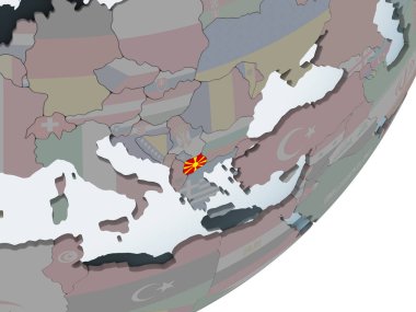 Makedonya katıştırılmış bayrak ile siyasi dünya üzerinde. 3D çizim.