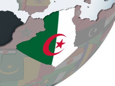 Cezayir katıştırılmış bayrak ile siyasi dünya üzerinde. 3D çizim.