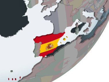 İspanya katıştırılmış bayrak ile siyasi dünya üzerinde. 3D çizim.