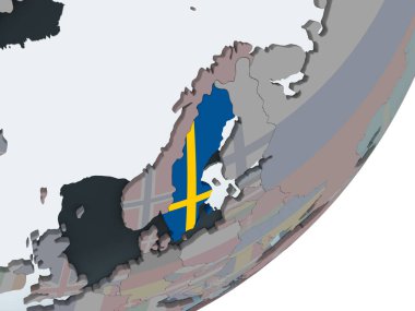 İsveç katıştırılmış bayrak ile siyasi dünya üzerinde. 3D çizim.