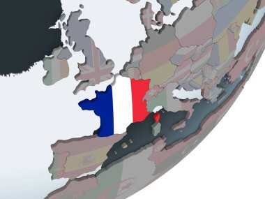 Fransa katıştırılmış bayrak ile siyasi dünya üzerinde. 3D çizim.