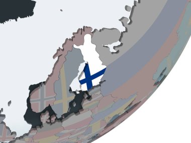 Finlandiya katıştırılmış bayrak ile siyasi dünya üzerinde. 3D çizim.