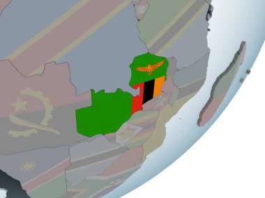 Zambiya katıştırılmış bayrak ile siyasi dünya üzerinde. 3D çizim.