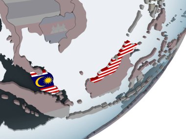 Malezya katıştırılmış bayrak ile siyasi dünya üzerinde. 3D çizim.