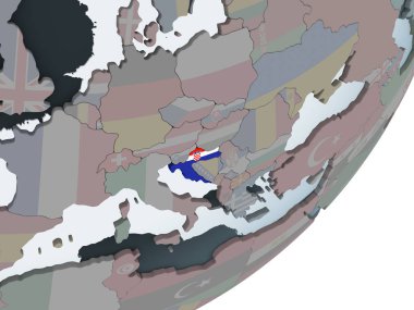 Hırvatistan katıştırılmış bayrak ile siyasi dünya üzerinde. 3D çizim.