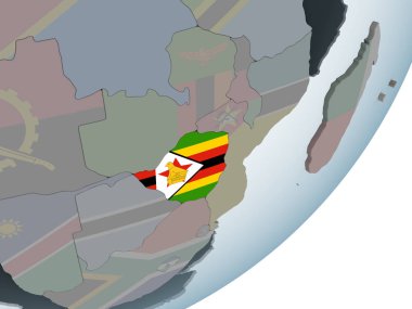 Zimbabve katıştırılmış bayrak ile siyasi dünya üzerinde. 3D çizim.