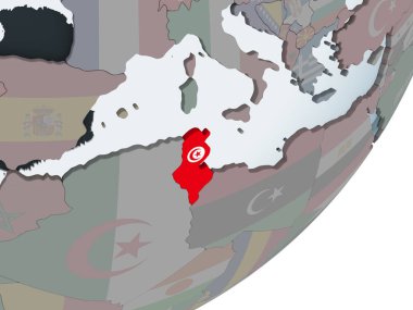 Tunus katıştırılmış bayrak ile siyasi dünya üzerinde. 3D çizim.