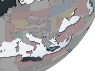 Kosova katıştırılmış bayrak ile siyasi dünya üzerinde. 3D çizim.