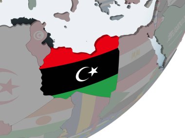 Libya katıştırılmış bayrak ile siyasi dünya üzerinde. 3D çizim.