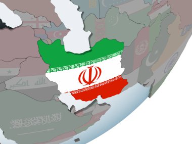 Iran katıştırılmış bayrak ile siyasi dünya üzerinde. 3D çizim.