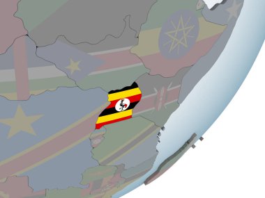 Uganda katıştırılmış bayrak ile siyasi dünya üzerinde. 3D çizim.